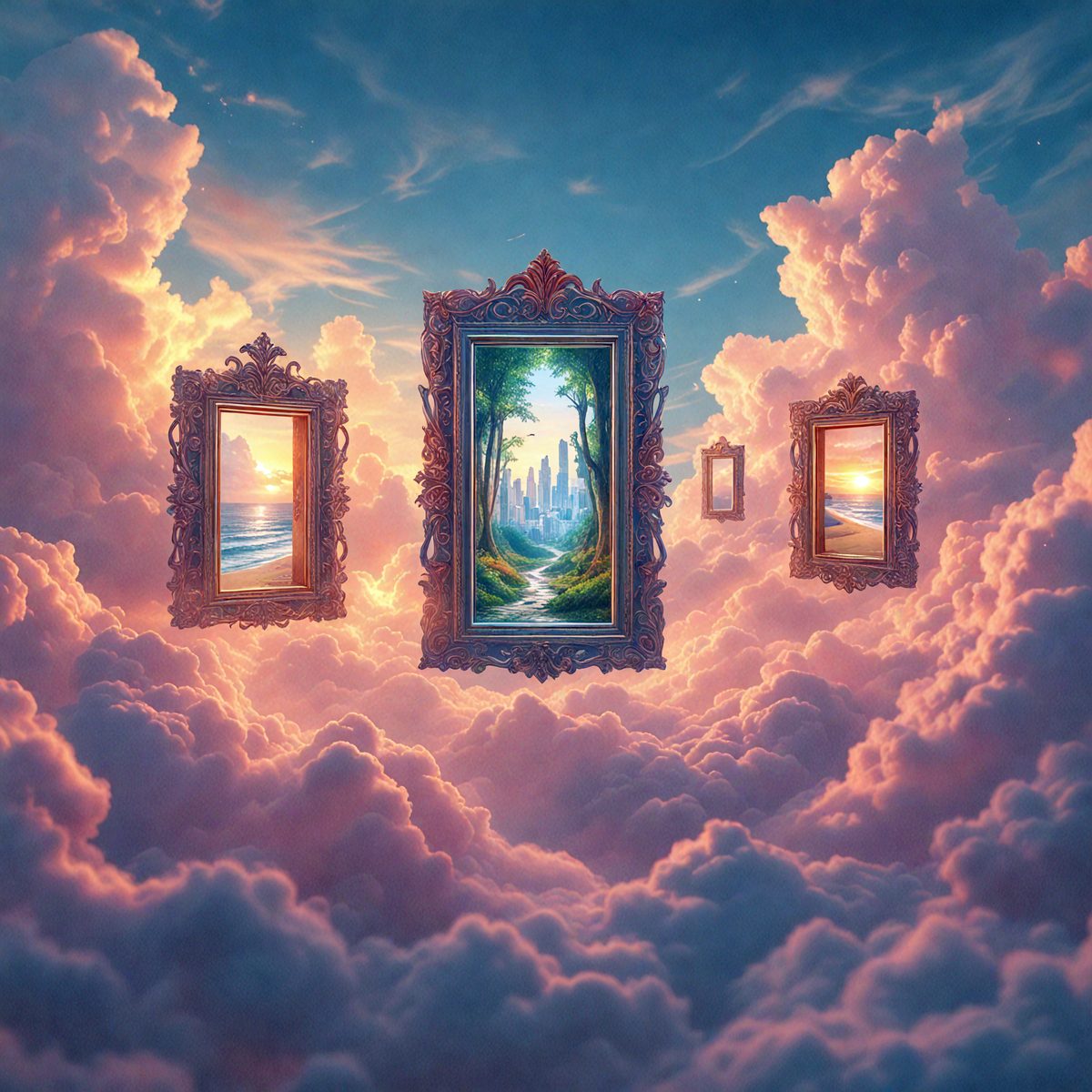 The primary subject of the image is a painting of a forest, which is displayed in a frame. The setting is a cloudy sky, and the visual style is a digital art or illustration. The dominant colors in the painting are pink and purple, creating a serene and dreamy atmosphere.